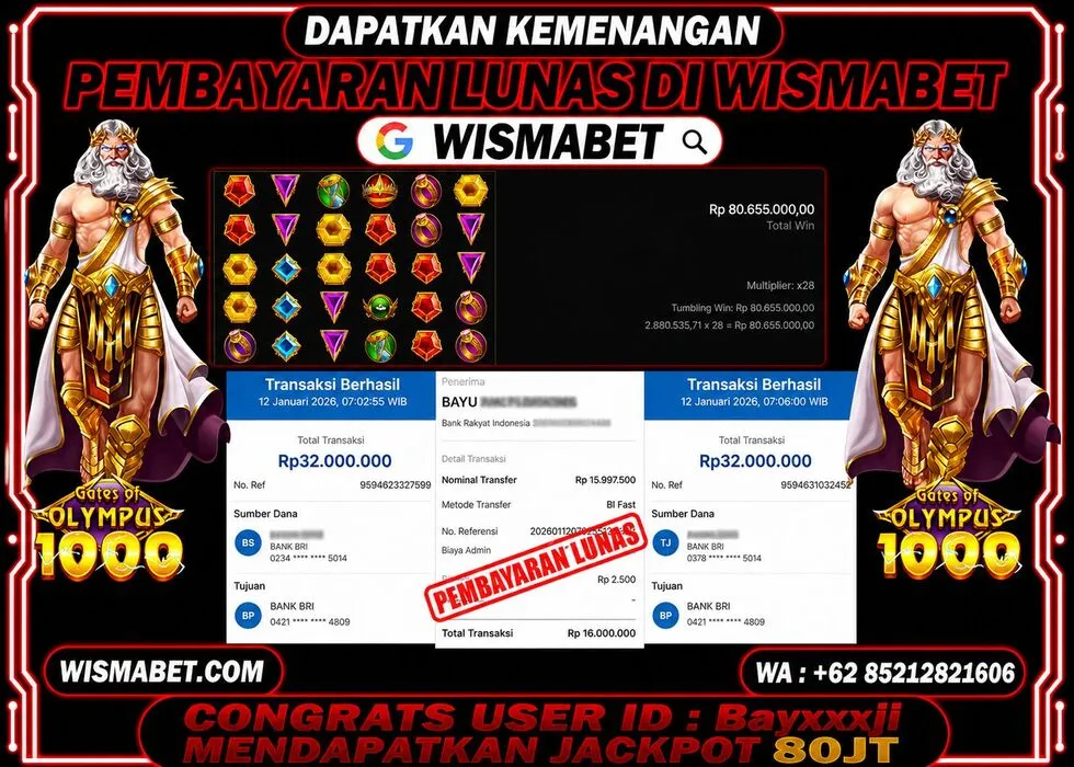 Wismabet - BUKTI KEMENANGAN Gates Of Olympus 1000 Rp80,000,000,- LUNAS
